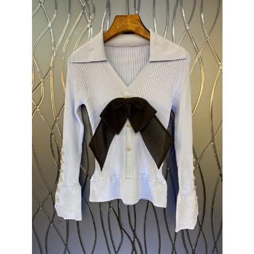 High Quality Womens Sweater 2021 Autumn Winter Pullovers Ladies Turn-down Collar Beading Bow Long Sleeve Blue Knitted Jumpers