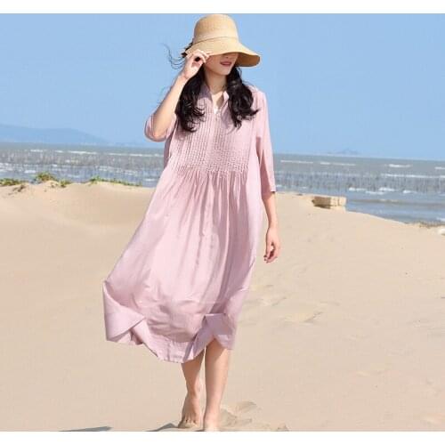 SCUWLINEN 2020 Women Dress Spring Summer Soft V-neck Three Quarter Sleeve Long Cotton Dress Beach Dress S1061