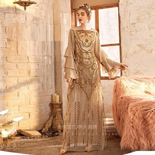 Plus Size Muslim Fashion Lace Sequin Abaya Dubai Dress For Women Turkey Robe Maxi Evening Dresses Islam Clothing Vestidos Largos