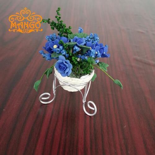 1:12 Dollhouse Miniature Plant Decorative Clay Handmade Blue roses floorstand potted plants