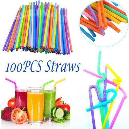 100Pcs Extra Long Flexible Plastic Drinking Straws Grade Colorful Extra Long Bendy Party Bar Drinking Supplies Cocktail Plastic