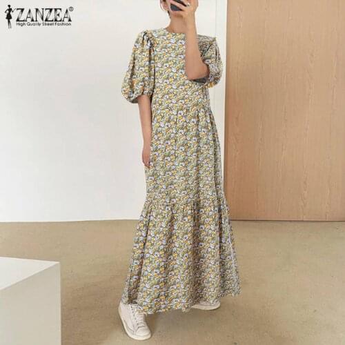 Bohemian Printed Maxi Dress Womens Summer Sundress ZANZEA 2021 Casual Beach Floral Vestidos Female O Neck Hollow Robe