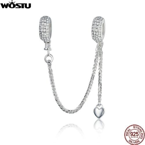 WOSTU Real 925 Sterling Silver Heart Charm Safety Chain Bead Fit Original Bracelet Necklace Pendant For Jewelry Making CQC1112