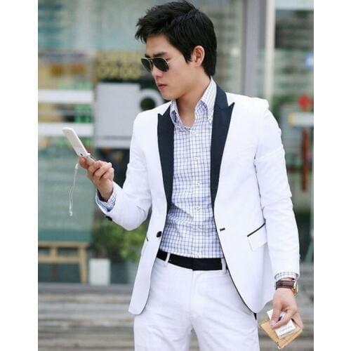 Brand Suit Custom Made White Tuxedo Jacket Black Lapel Black Pants,Bespoke Groom Tuxedos, Wedding/Business Suits For Men