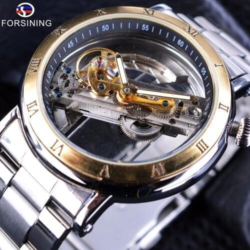 Forsining 2017 Minimalist Design Transparent Case Roman Number Steel Mens Automatic Skeleton Steampunk Watches Top Brand Luxury