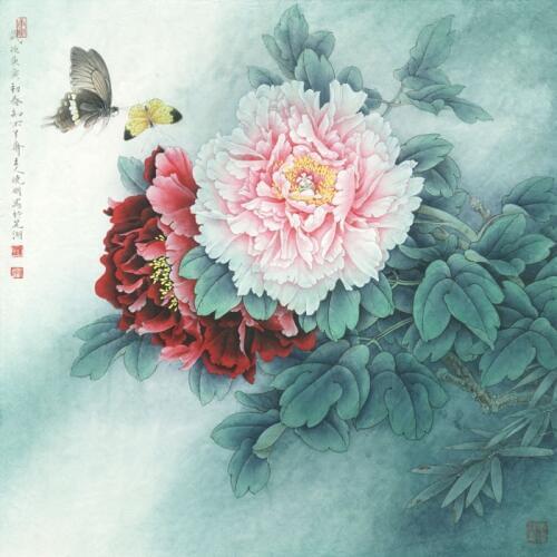 Chinese classical butterfly pink peony scenery oil painting canvas prints printed on canvas home wall art decoration picture
