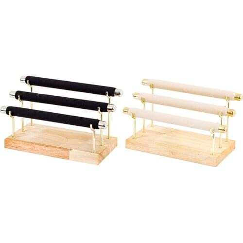 Classic Velvet T-Bar Bracelet Necklace Jewelry Display Stand Rack with Wooden Base for Home Organization