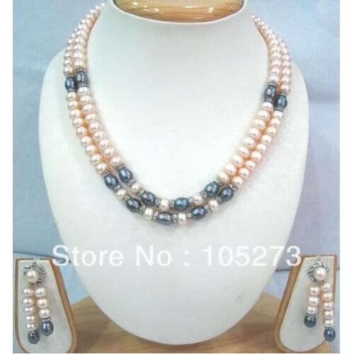 New Free Shipping Pearl Jewelry Set 7-8mm Natural White Pink Grey Freshwater Pearl Necklace Earrings 17-18'' 2Rows Top Quality