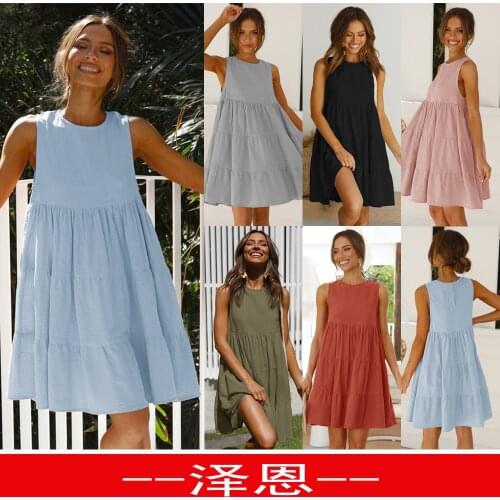 Fashion Sleeveless Casual Loose Solid Color Dress Women Summer O-neck Sexy Off Shoulder Tank A-line Holiday Sundress Vestidos