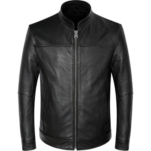 Mens Real Leather Jacket Genuine Leather Motorcycle Cowhide Coat Black Classic Stand Collar Casual Leather Jacket High Quality