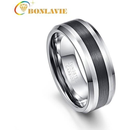 Tungsten Carbide Ring 8MM Mens Ring Brushed Finish and Black Center Beveled Edge Size 5 to 14 Wedding Engagement Ring