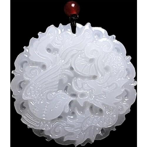 Natural White Jade Dragon Phoenix Pendant Jadeite Necklace Charm Jewellery Fashion Accessories Hand-Carved Luck Amulet Gifts