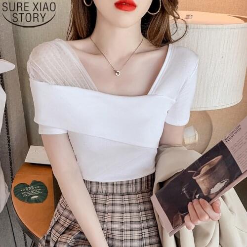 2021 New Summer Back Tops Fashion Asymmetrical Hollow Out T-Shirt WomenRopa Mujer Bottoming Shirt Tees European Clothes 15095