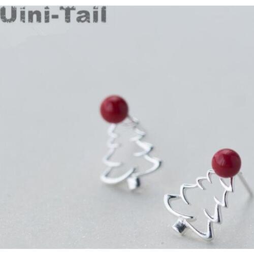 Uini-Tail new 925 sterling silver creative cute Christmas tree red beads artificial bead earrings fashion Christmas gift GN280