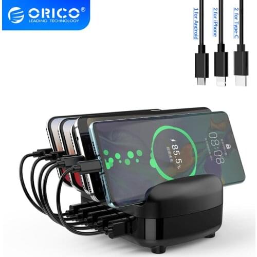 ORICO 5 Ports USB Charging Station Dock with Holder 40W 5V2.4A USB Charging Free USB Cable for iPhone PC Tablet