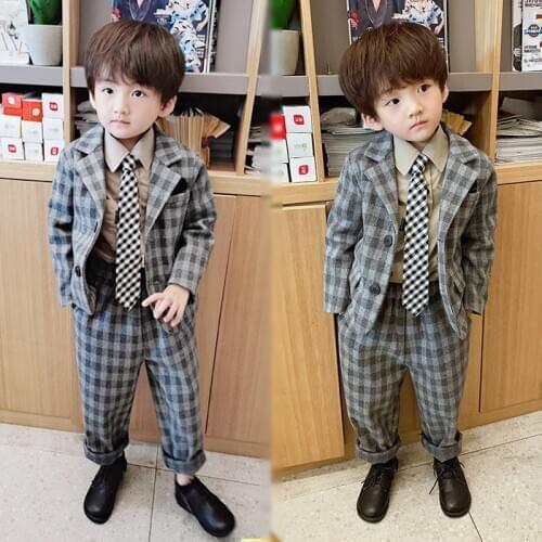 2021 Baby Boys Blazer Suits Autumn Winter New Kids Fashion Formal Set Korean Plaid Blazer Coats Pants 2pcs Wedding Set For Boys