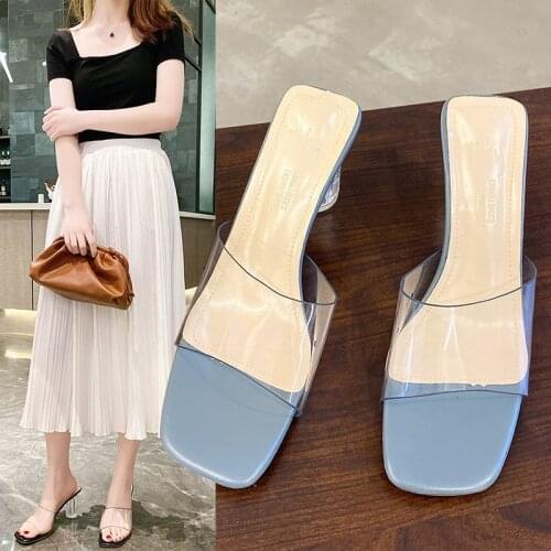 Clear Transparent Summer Slipper Women Fashion Shoes Shoes Woman Woman Shoes High Heels Sexy Peep Toe Square Slides Women Shoes