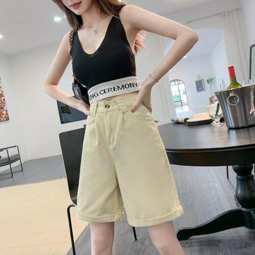 2021 Summer Black Women Casual Jeans Shorts Harajuku Elastic High Waist Half Long Denim Shorts Vintage Pockets Short Femme
