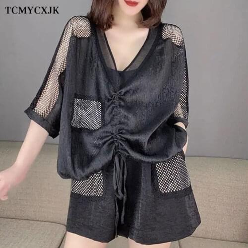 Extra Large Size Sportswear Womens Suit Drawstring Hollow Out Half-sleeved Shirt Elastic Waist Shorts Sets Womens Tracksuit