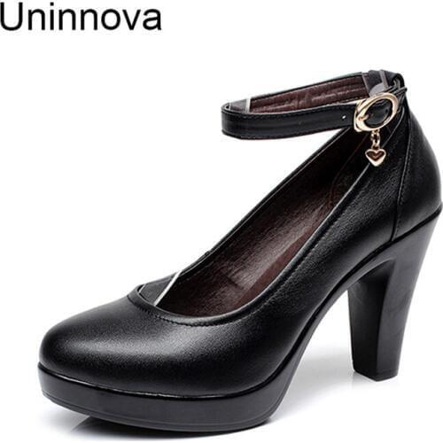 Genuine Leather Round Toe Ankle Wrap Pumps Platform Cheongsam High Heels Business Shoes Black Metal Heart Uninnova Plus 43 WP144