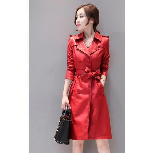 Womens Elegant PU Leather Long Jackets With Belt Ladies Faux Sheepskin Trench Coat Streetwear Plus Size 5XL Female Outerwear