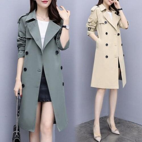 Plus Size Womens Trench Coat 2021 Trendy Autumn Wild Long Sleeve Lapel Double Breasted Solid Color Mid-Length Windbreaker M275