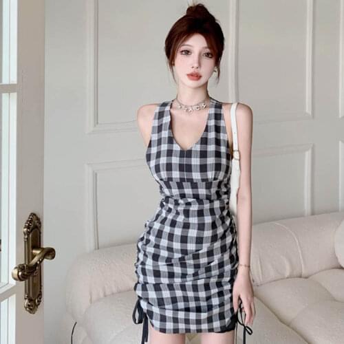 Plaid Summer Style Hollow Out V-neck Off Shoulder Tank Bandage Bodycon Dress Sexy Club Mini-dresses Women Backless Sleeveless
