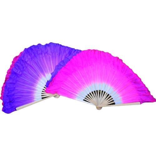 1 Pair L+R 100% Silk Belly Dance Short Fans Rose Purple Gradient Colors Double Layered Chinese Traditional Dance Short Silk Fans