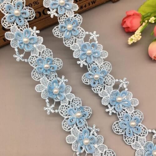1 yard 3.5cm Blue Lace Ribbon Pearl Flower Embroidered Lace Trim Applique Fabric Handmade DIY Wedding Dress Sewing Craft
