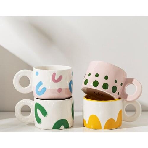 300ml Nordic Ceramic Handgrip Coffee Mug Office Home Water Cup Ring Handle Microwave Breakfast Oatmeal Milk Mugs