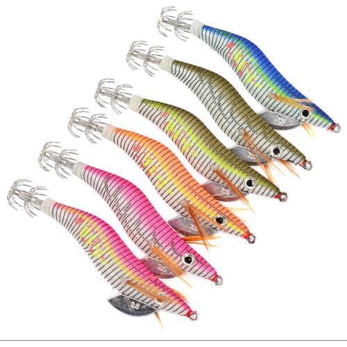 6PCS Fishing wood Shrimp lure Lures Squid bait hook Crankbaits 2.0/2.5/3.0/3.5/4.0