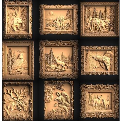9pcs animal in the frame 3d STL format model file STL Model for CNC Router 3D Printer Artcam Aspire Bas Relief