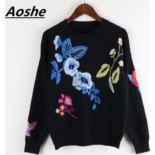 Aoshe Design Knitted Sweaters And Pullovers Women 2018 Chic Flower Embroidery Casual Crop Top Winter Jumper Pull Femme