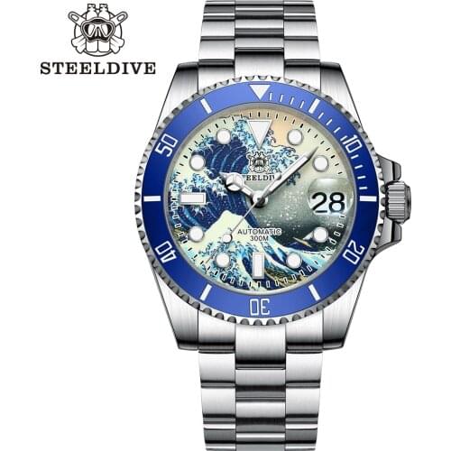 Steeldive SD1953J Stainless Steel Mens Watch 300M Waterproof Mechanical Watch The Great Wave off Kanagawa Diving Watch