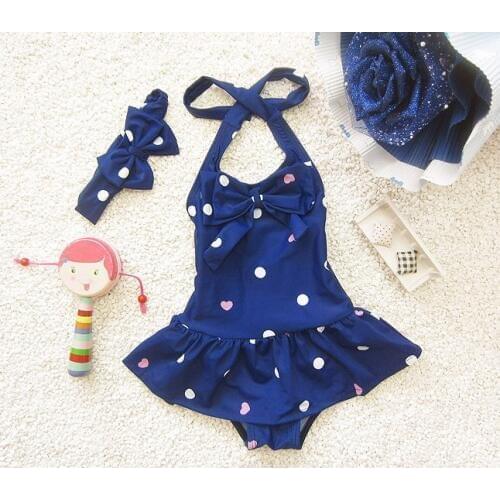 Sweet Bowknot Polka Dot Kids Girls One Piece Swimming Suit Swimwear + Headband Summer Dress Beach Wear Red Blue Swimsuit SA4015