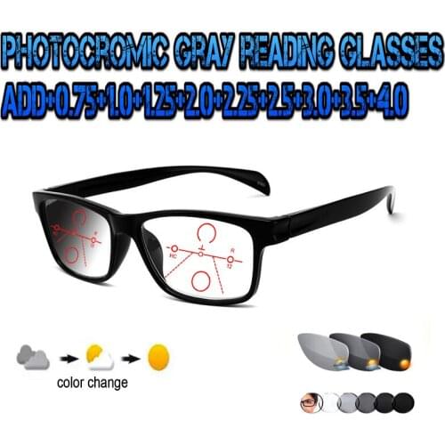 Photochromic Gray Progressive Multifocal Reading Glasses Men Women Ultralight Black Metal Frame Large Size +0.75 To+4.0