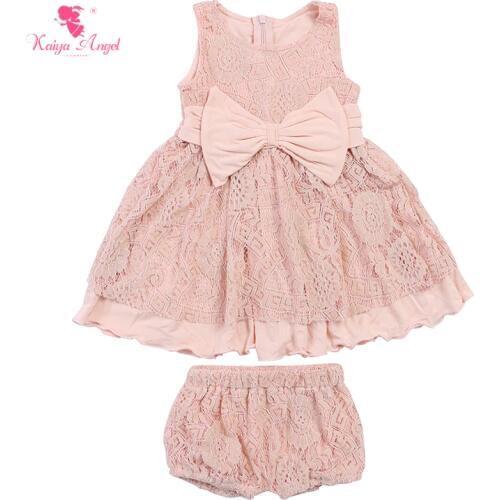 Kaiya Angel 2019 Hot Sale Girl Outfits Set Pink Sleeveless Princess Birthday Part Bow Lace Invisible Zipper Factory Wholesale