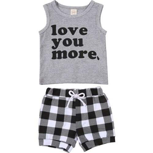 2Pcs Fashionable Little Boys Outfit, Summer Toddlers Round Collar Sleeveless Letter Printing Vest + Plaid Shorts Set