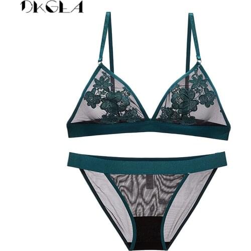 New Fashion Flowers Embroidery Lace Blue Lingerie Set Transparent Bras Women Sexy Underwear Sets Plus Size XL L See Through Bra