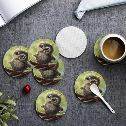 Upetstory Kawaii Animal Owl Print Mug Cup Coasters for Drink Custom Round Kitchen Tableware Pad Heat Resistant Placemat 6pcs/set