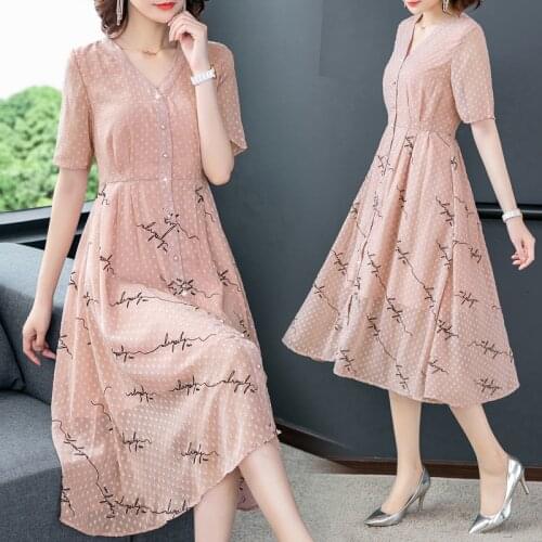 Summer Casual Pink Print Plus Size Chiffon Midi Dress 2021 Fashion Vintage Office Lady Dress Elegant Women Bodycon Party Vestido