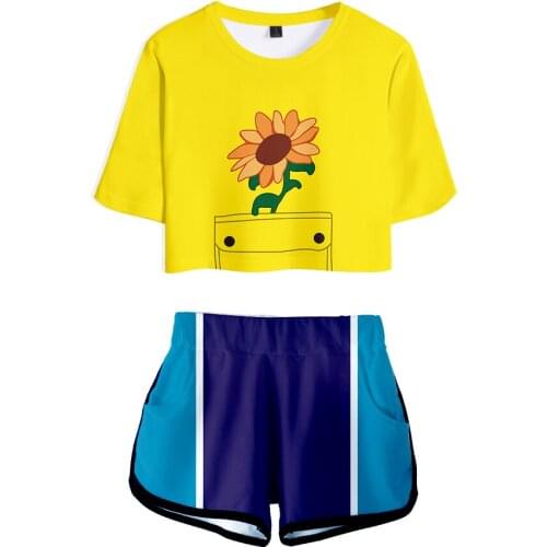 Summer Women Two Piece Set Wonder Egg Priority T shirt 3D Dew navel Top+Short Pants Leisure sports Tshirts suit Anime Tshirt