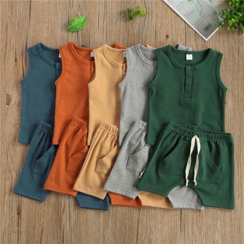 Toddler Baby Kids Clothing Sets Sleeveless T-shirts+Elastic Band Pocket Shorts Clothes Outfits Set 2PCS Casual Clothes For Boys
