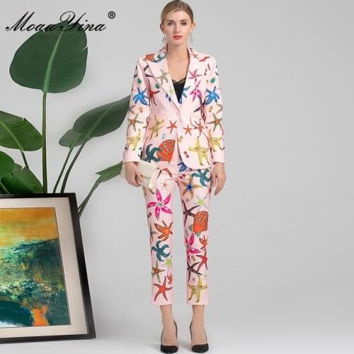 MoaaYina Fashion Runway Autumn Print Pink Pants Suit Womens Long Sleeve Crystal Coat and Slim Pencil Pants Two Piece Set