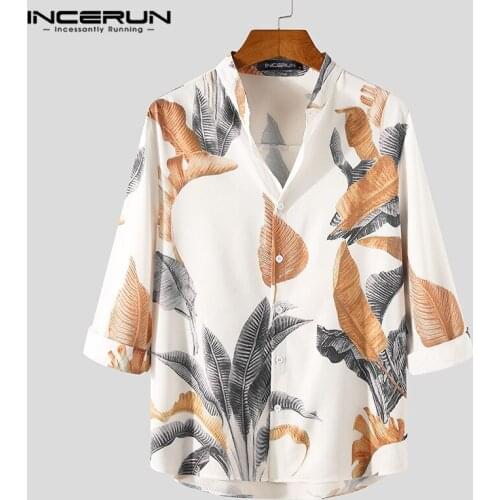 Men Printed Shirt Stand Collar 3/4 Sleeve Streetwear Casual Camisa Masculina Button Leisure Tops Breathable Men Clothing INCERUN
