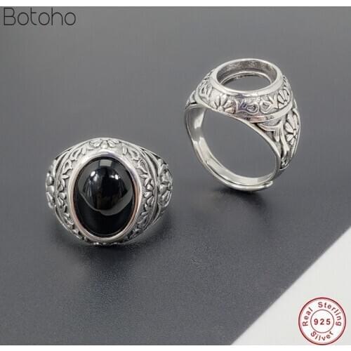 Round Natural Black Onyx Stone Solid Silver colour 925 Men Ring Wide Cuff Band 100% Real 925 Sterling Silver colour Jewelry Men