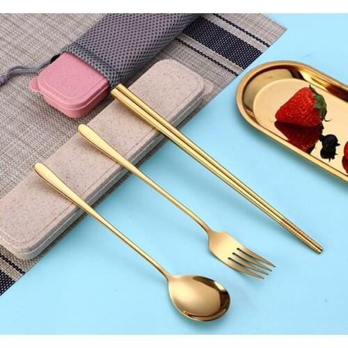 304 Stainless Steel Gold-plated Portable Cutlery Set Safe Material Feeding Spoon Chopsticks Fork Easy-to-clean Cutlery Set
