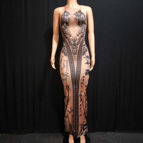 New Black Flower Printed Long Dress Bright Crystals One-piece Nude Stretch Costume Female Singer Party Celebrate Outfit DJ1004