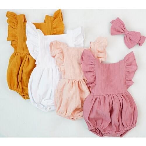 Organic Cotton Baby Girl Clothes Summer New Double Gauze Kids Ruffle Bodysuit Headband Dusty Pink Playsuit For Newborn 3M
