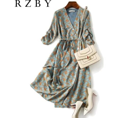 2021Summer Womens Fashion Floral Chiffon Dress Femme Half Sleeve Print Sexy V-Neck Vintage Vestidos Korean Clothing RZBY439